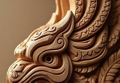 Intricate wooden carving artwork showcasing traditional Malaysian motifs and detailed craftsmanship